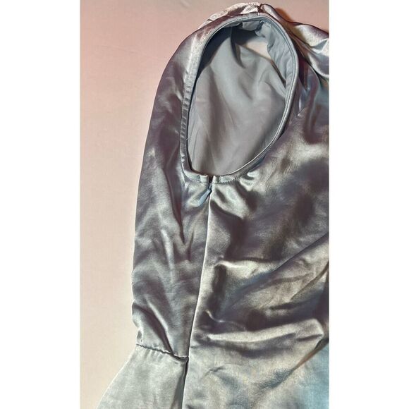 One Shoulder Ruched Satin Draped Slit Dress - Pretty Garden, Light Blue Small - Picture 8 of 9